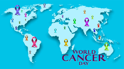 Fototapeta na wymiar World cancer day concept with world map and many colorful awareness ribbon. Together healing each other all around the world
