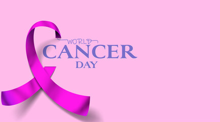 World Cancer Day with purple ribbon for poster or banner. Simple style paper art. 4 february