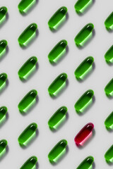 Pharmaceutical medicine pills, tablets, and capsules on a white background. Flat lay. Copy space. Medicine concepts. Protect Coronavirus or Covid 19. Cure infection. Selected focus.