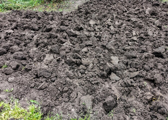 Brown soil of an agricultural field. Large clumps of earth. Loose fertile soil.