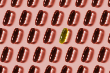 Pharmaceutical medicine pills, tablets, and capsules on a white background. Flat lay. Copy space. Medicine concepts. Protect Coronavirus or Covid 19. Cure infection. Selected focus.