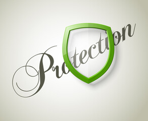 Protection font lettering & transparent shield concept. Safety badge icon. Privacy banner shield. Security label. Defense shield tag. Presentation sticker shape. illustration background
