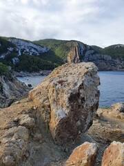 Views from 'Cala Aubarca', coastline from Ibiza. Views of sea and rocks from the mountain. On a winter day
