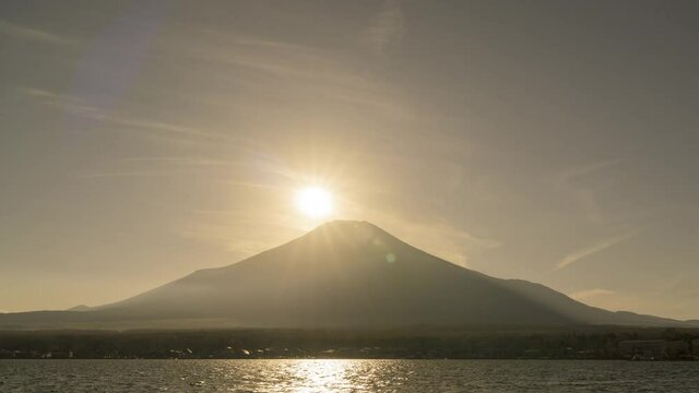 Diamond Fuji ; Time lapse of the sun is falling down to Mt. Fuji top.