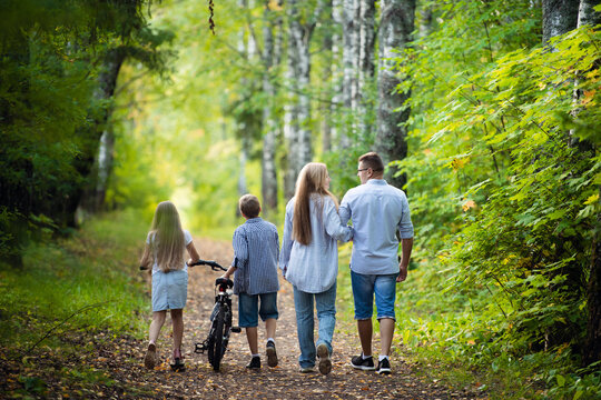 Rear view of family walking along autumn path in a park or forest