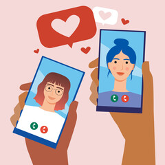 Lesbian couple with phones in hand, internet dating concept, online dating, flat vector stock illustration with LGBTQ women, lesbians