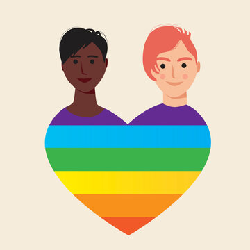 LGBTQ Couple Isolated, Heart Head Valentine, Flat Vector Stock Illustration Of Gender Neutral People, Lesbian, Homosexual, Bisexual, Asexual