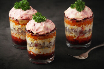 Dressed herring or herring under fur - traditional Russian salad