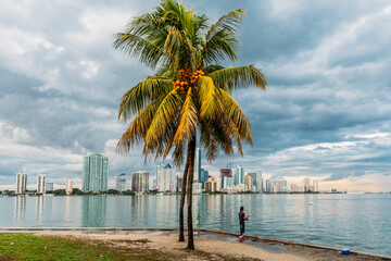 View of the Miami skyline from the Rickenbacker Causeway, Key Biscayne, Florida, USA.