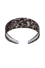 Subject shot of beige silk headband with black and brown leopard print. The wide hair holder is isolated on the white background.