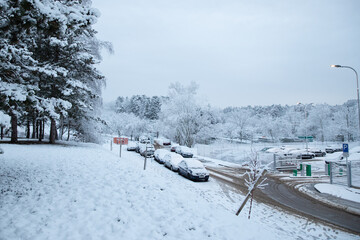 Prague, Czech Republic - January 7, 2021: one of first snowing day of the year