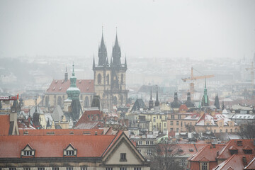 Prague, Czech Republic - January 7, 2021: one of first snowing day of the year