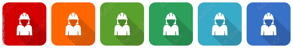 Poster engineer, worker, manager, employe icon set, flat design vector illustration in 6 colors options for
