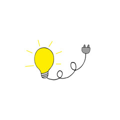 Light bulb idea with wire and plug, with yellow light. Electricity symbol, power supply. Hand drawing in doodle style. Vector.