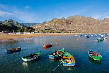 Panoramic view and traditional fishing boats on the Teresitas beach in Santa Cruz de Tenerife, Tenerife, Canary Islands, Spain, Europe.