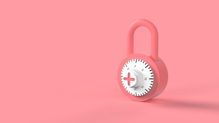Soft pink closed padlock with white combination lock and pink figures isolated on pink background 3d rendering image