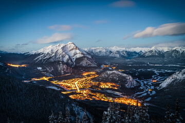 Overlook over Banff in winter by night from sulphur mountain, banff national park, canada