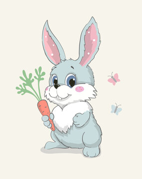 Cute bunny with carrot, lovely sitting rabbit vector illustration