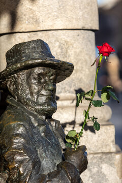 Monument to Piotr Skrzynecki from famous Piwnica Pod Baranami cabaret in Cracow. Poland