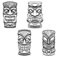 Set of Illustrations of Tiki tribal wooden mask. Design element for logo, emblem, sign, poster, card, banner. Vector illustration © liubov