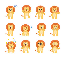 Set of cute lion character showing various emotions, poses. Cartoon lion thinking, crying, sleeping, angry and showing other expressions. Vector illustration