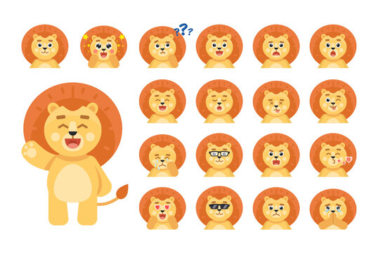 Set of cute lion character avatars, emoticons, emojis. Cartoon lion laughing, crying, thinking, begging, in glasses and showing other emotions. Vector illustration