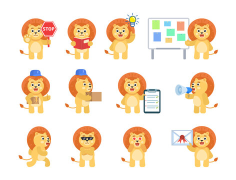 Set of cute lion character showing various actions, poses. Cartoon lion holding stop sign, parcel box, letter, reading book, running and showing other actions. Vector illustration