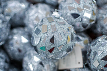 Bright Christmas balls with glitters, sparkles, close up, soft focus