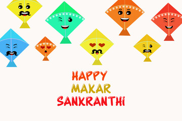 illustration of happy makar sankranti holiday harvest festival of andhra pradesh telangana greeting background with colorful kites with cartoon expressions vector.    
