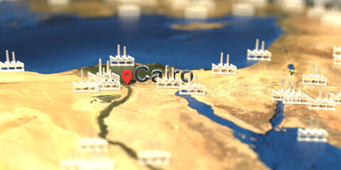 Factory icons near Cairo city on the map, industrial production related 3D rendering