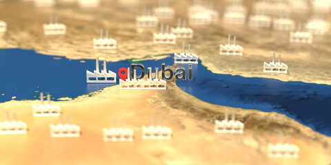 Factory icons near Dubai city on the map, industrial production related 3D rendering