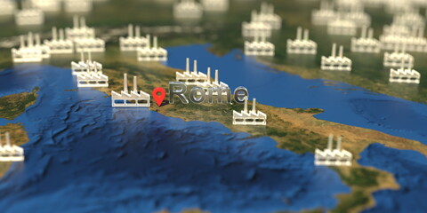 Rome city and factory icons on the map, industrial production related 3D rendering
