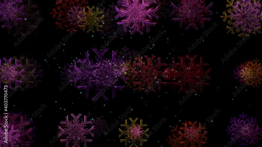 Poster isolated black background. hd video snow particles close-up on a background of stars. abstract techn