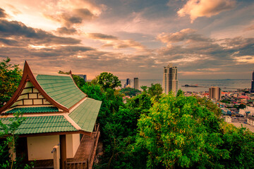 Background of Thailand's Chonburi religious attractions (Wat Khao Phra Khru viewpoint), with...