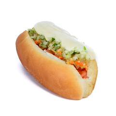 Chilean hot dog with mustard,  ketchup, meat and avocado