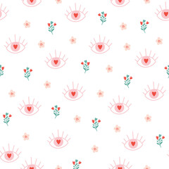 Seamless vector pattern with hearts and eye. Love background for Valentine's day. Seamless bright romantic design for fabric or wrap paper.