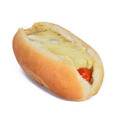 Chilean hot dog with mustard,  ketchup, meat and avocado