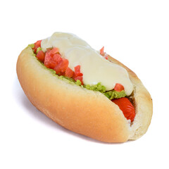 Chilean hot dog with mustard,  ketchup, meat and avocado