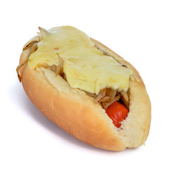 Chilean hot dog with mustard,  ketchup, meat and avocado