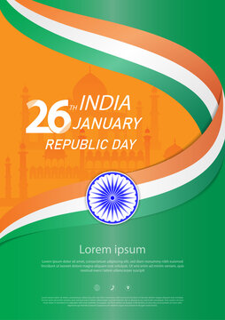 26 Th January Indian Republic Day Vector Illustration Background Brochure Template With Indian Flag And Silhouette Of India Monument.