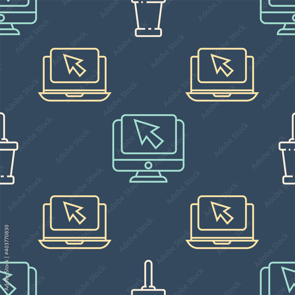 Poster set line push pin, laptop and cursor and computer monitor and cursor on seamless pattern. vector.