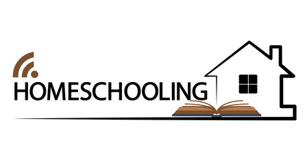 Concept of homeschooling. Studying at home online. Illustration emblem of education.Homeschooling Icon Type. Study and learn at home. Home schooling and quarantine precaution to stay safe from virus.