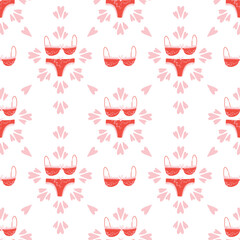 Seamless vector pattern with hearts and women's underwear. Love background for Valentine's day. Seamless bright romantic design for fabric or wrap paper.