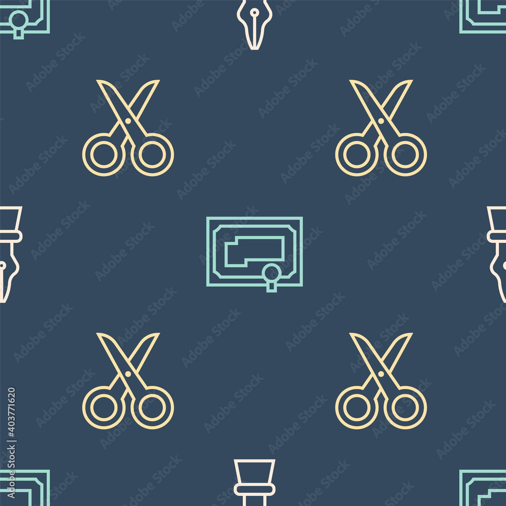 Poster set line fountain pen nib, scissors and certificate template on seamless pattern. vector.