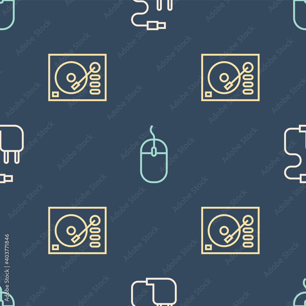 Poster set line charger, vinyl player and computer mouse on seamless pattern. vector.