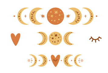 Boho moon phase logo set. Boho moon symbol. Cute love moon elements. Celestial Valentines day icons Heart shape