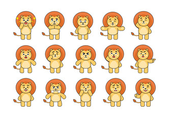 Set of cute lion characters showing various emotions. Cartoon lion crying, begging, sad, angry, suspicious, happy and showing other expressions. Vector illustration