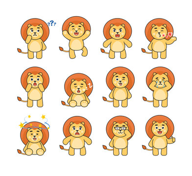 Set of cute lion character showing various emotions, poses. Cartoon lion thinking, crying, sleeping, angry and showing other expressions. Vector illustration