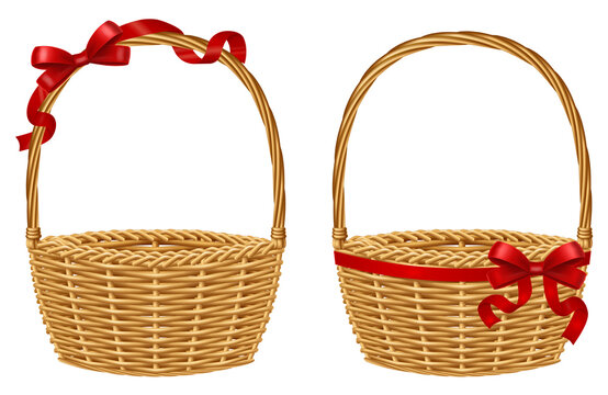 Empty wicker gift basket with red ribbon isolated on white background. Vector illustration.