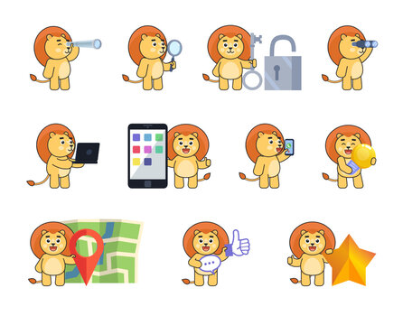 Set of lion characters in various situations. Cute lion mascot holding spyglass, magnifier, binoculars, laptop, idea bulb, talking to phone and showing other actions. Vector illustration